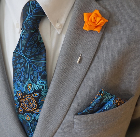 Orange Rose Lapel Pin / Modern Design Tie & Matching Pocket Square