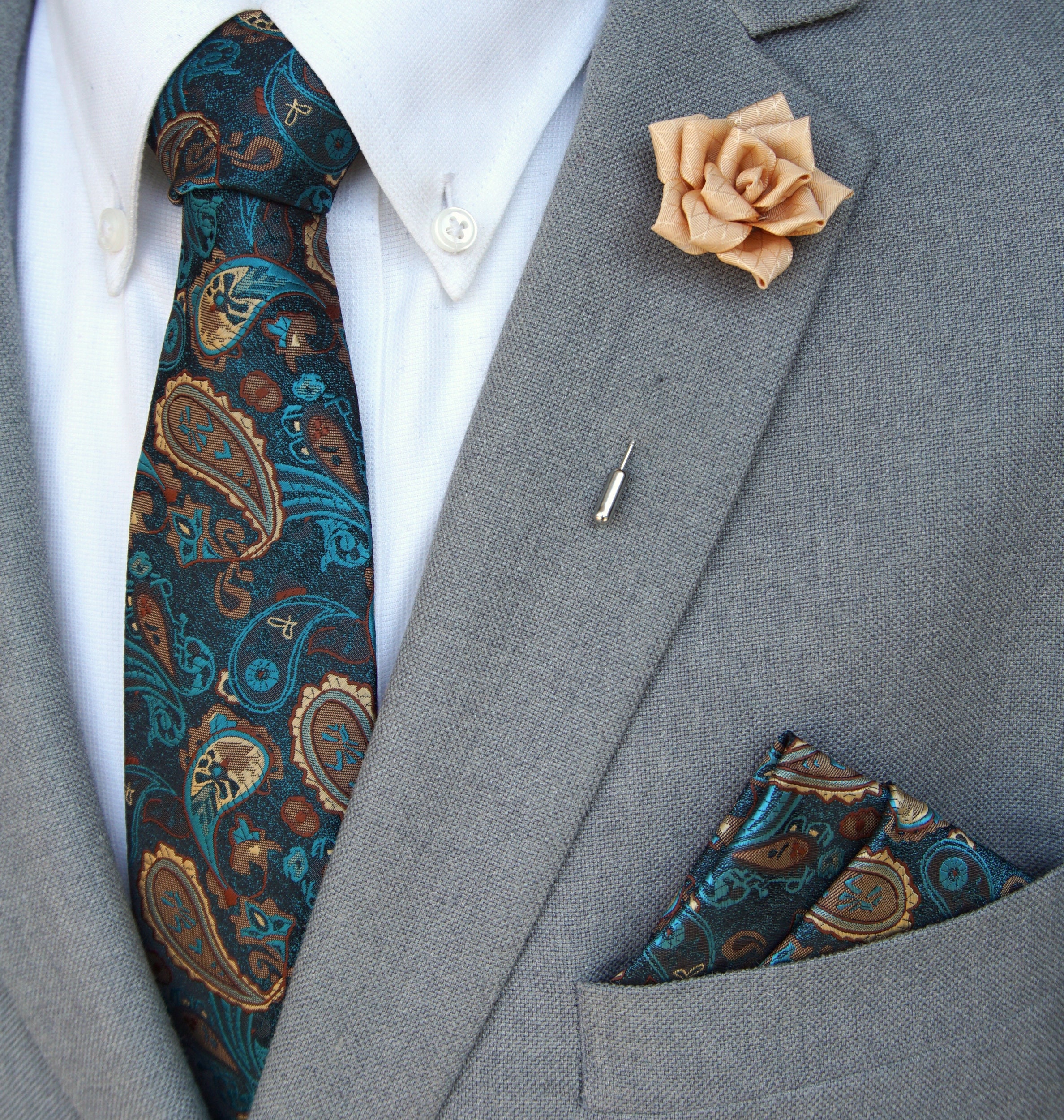 Handmade Rose Lapel / Turquoise Paisley Tie & Matching Pocket
