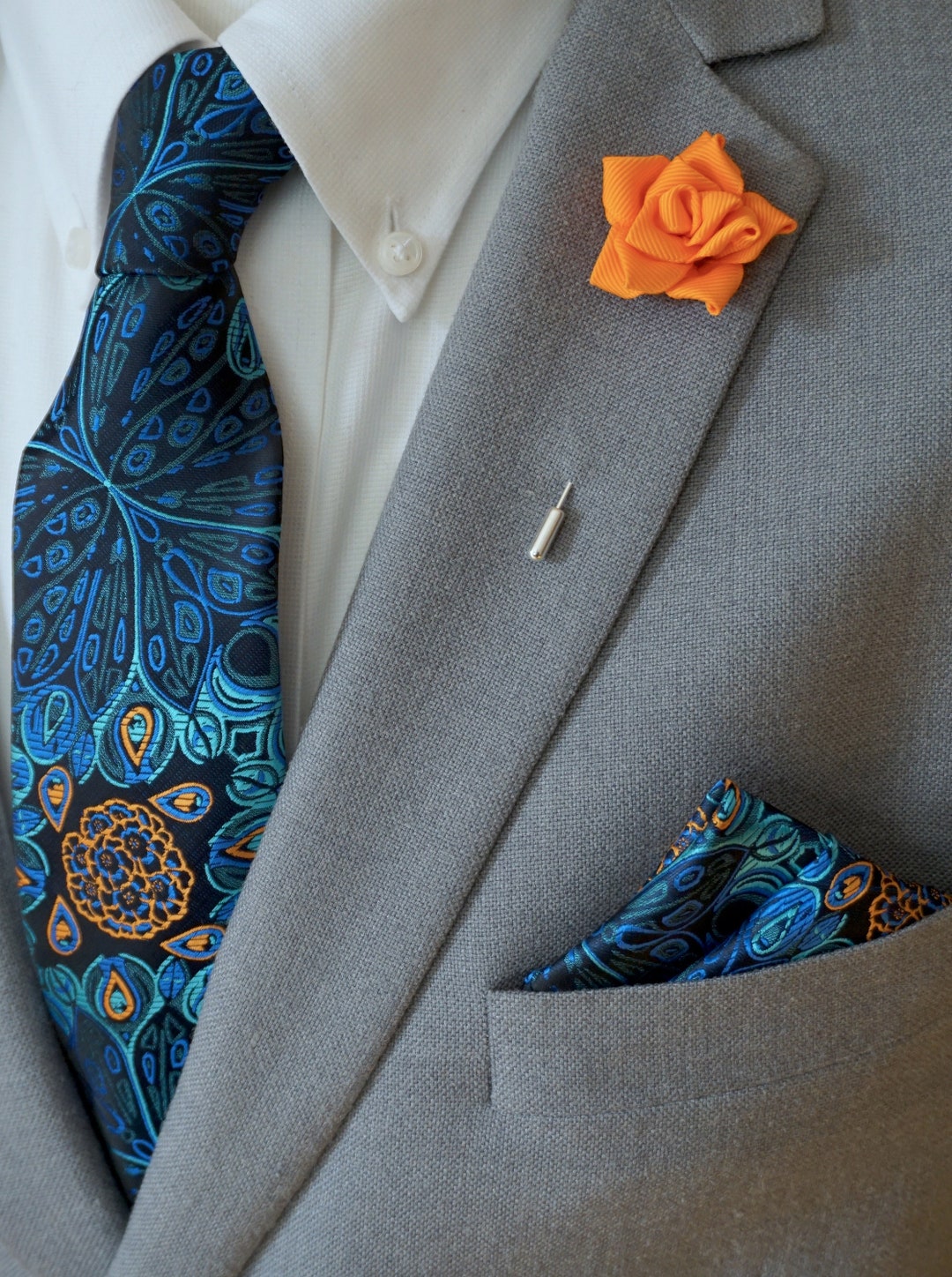 Orange Rose Lapel Pin / Modern Design Tie & Matching Pocket Square