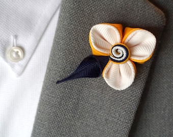 3 Petal White Lapel Flower - Choice of Yellow, Orange or Pink - Green or Blue Leaf - Flower Brooch - Floral Lapel Pin