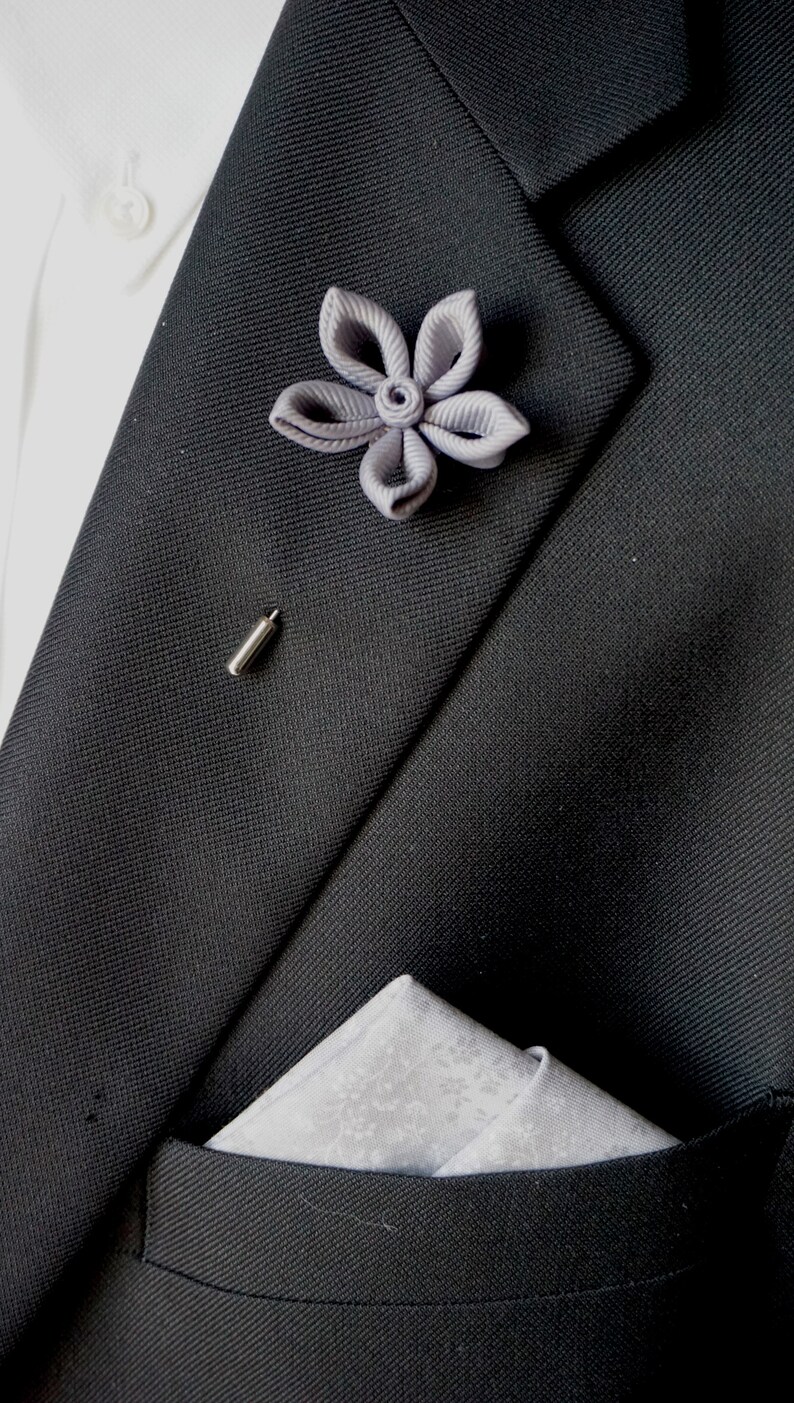 Light Gray Flower Lapel Pin & Pocket Square Combo / Mens Etsy