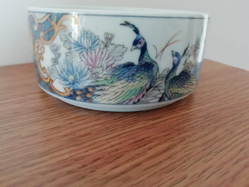 Round Ceramic Lidded Trinket Pot Decorated With Peacocks