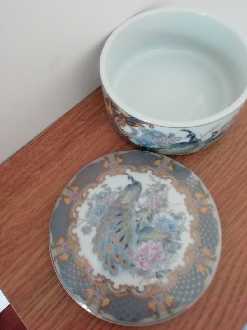 Round Ceramic Lidded Trinket Pot Decorated With Peacocks