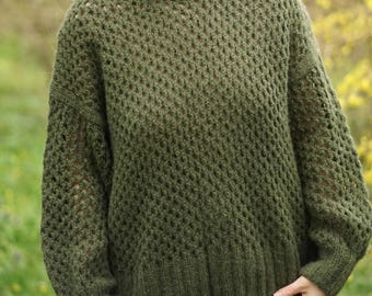 Hand Knit Alpaca Blend Sweater: Olive Green Slouchy Pullover