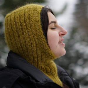 Hand knitted hood balaclava, kid mohair hat, wool hood, ribbed winter hat, open face hood, unisex knitted hat, mustard hood helmet,