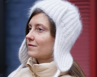 Ear flap hat, winter hat, crochet hat, ear flap beanie, knitted hat, trapper hat, angora wool hat, handmade knit hat, womens winter hat