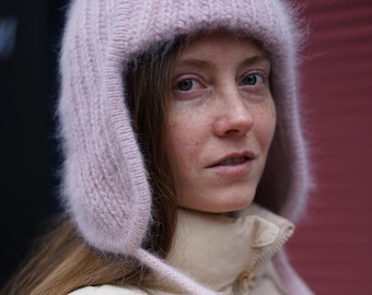 Ear flap hat, winter hat, crochet hat, ear flap beanie, knitted hat, trapper hat, angora wool hat, handmade knit hat, womens winter hat