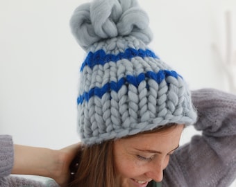 Hand knit pom pom hat, Merino wool chunky knit hat, winter hat, slouch hat, light blue beanie, women knit hat, cable Knit Hat, ski hat