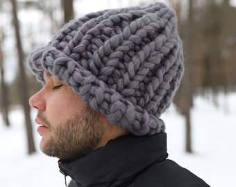 Hand knitted men's hat, men's slouch beanie hat, crochet hat, super soft and cozy winter hat from merino wool, men grey knit slouchy beanie