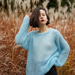 Hand-knitted mohair sweater, soft kid mohair & merino wool pullover, blue fluffy sweater, cozy oversized knit sweater for women