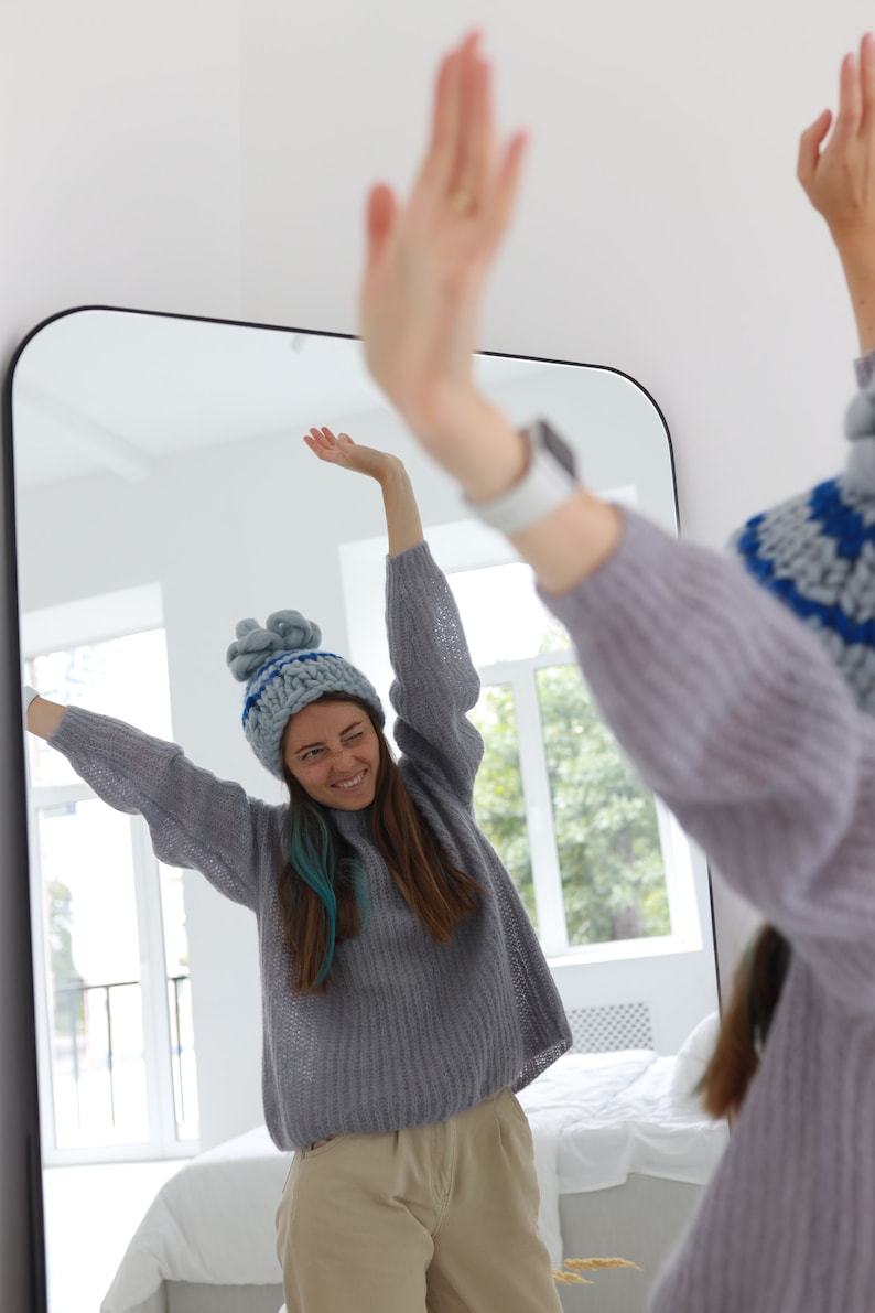 Sombrero de pompón de punto a mano, sombrero de punto grueso de lana Merino, sombrero de invierno, sombrero holgado, gorro azul claro, sombrero de punto de mujer, sombrero de punto de cable, sombrero de esquí imagen 5