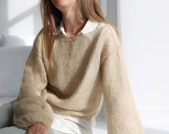 Knit Mohair Sweater, loose knit sweater, balloon sleeves, super light knitwear, fluffy mohair knitted jumper, academia clothing