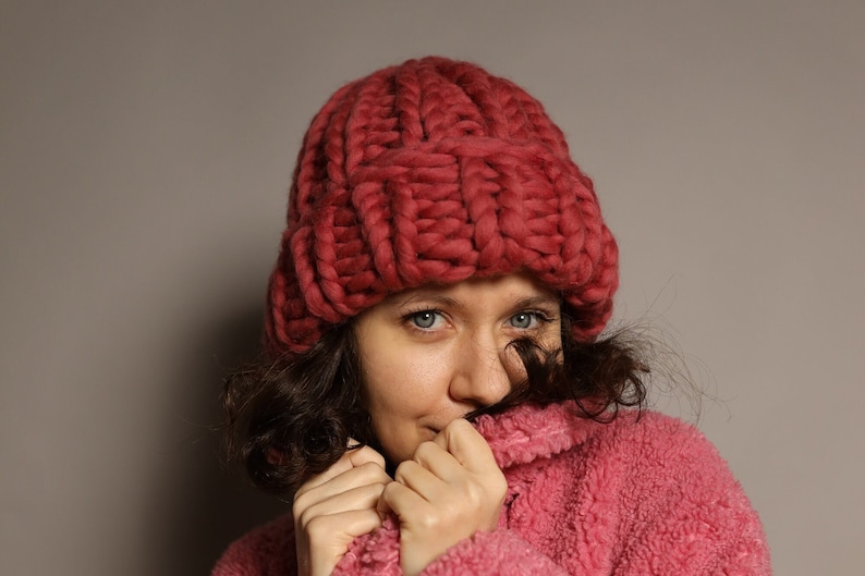 Chunky knit hat, wool beanie, hand knit beanie, women's winter hat, crochet hat, hats for women, wool red hat, slouchy hat, bulky knit hat image 1