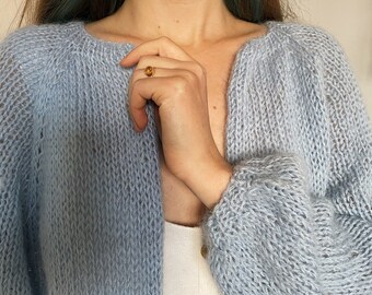 Mohair Cardigan, Light Blue Mohair Jacket, Kid Mohair