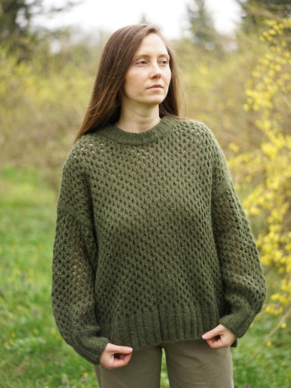Hand Knit Alpaca Blend Sweater: Olive Green Slouchy Pullover