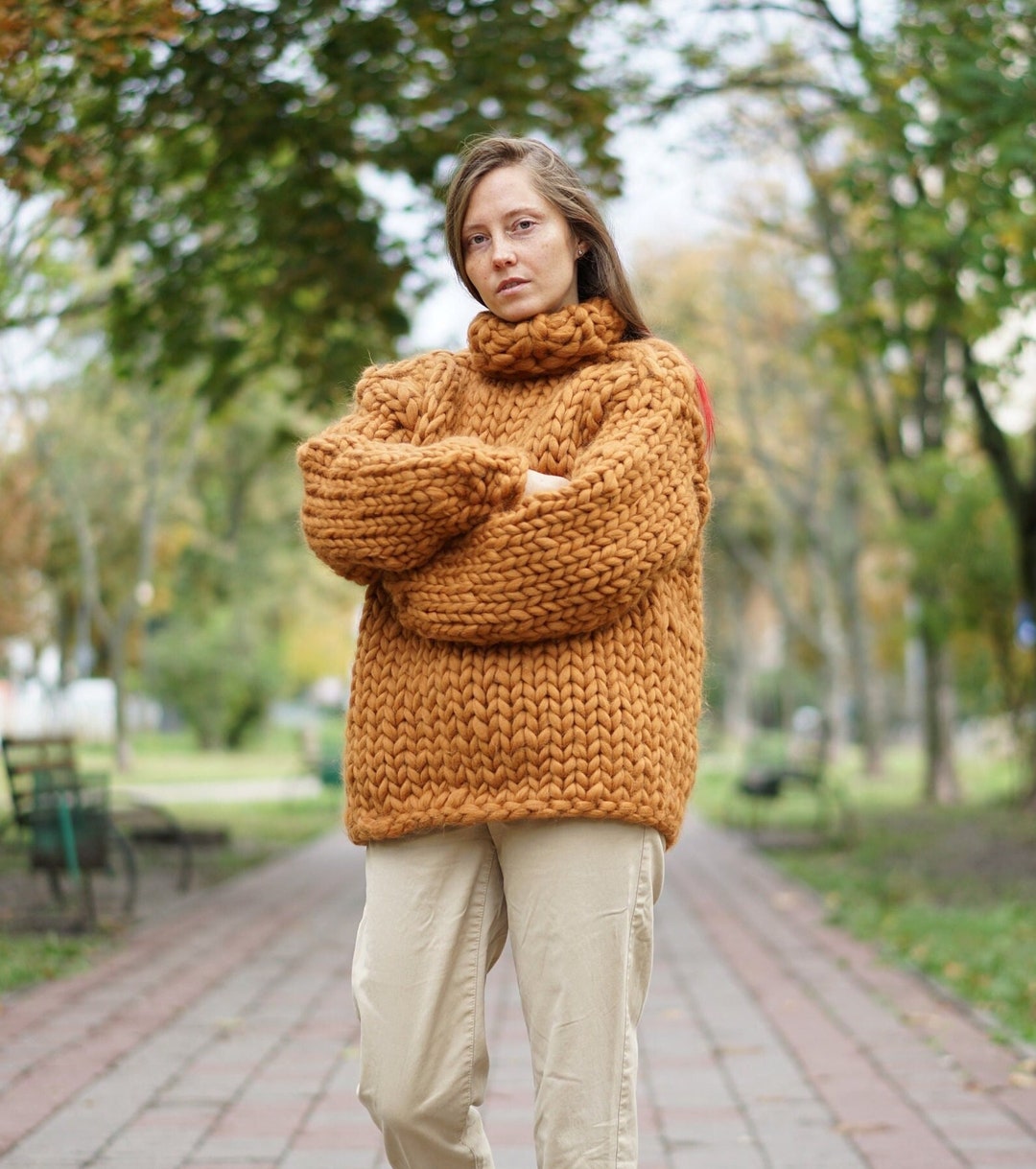 Oversized Sweater, Turtleneck Knitted Sweater, Hand Knitted Chunky