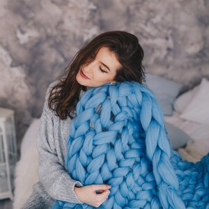 Baby girl blanket, super soft merino wool, chunky knit blanket, new baby gift, unique baby gift, baby shower bingo, new mom gift, Christmas Light Blue