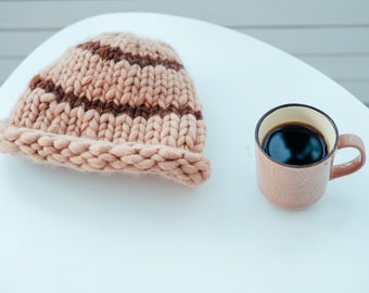 hand knitted coffee hat from merino woof, coffee lover gift, crochet hat, personalised hat, unisex hat