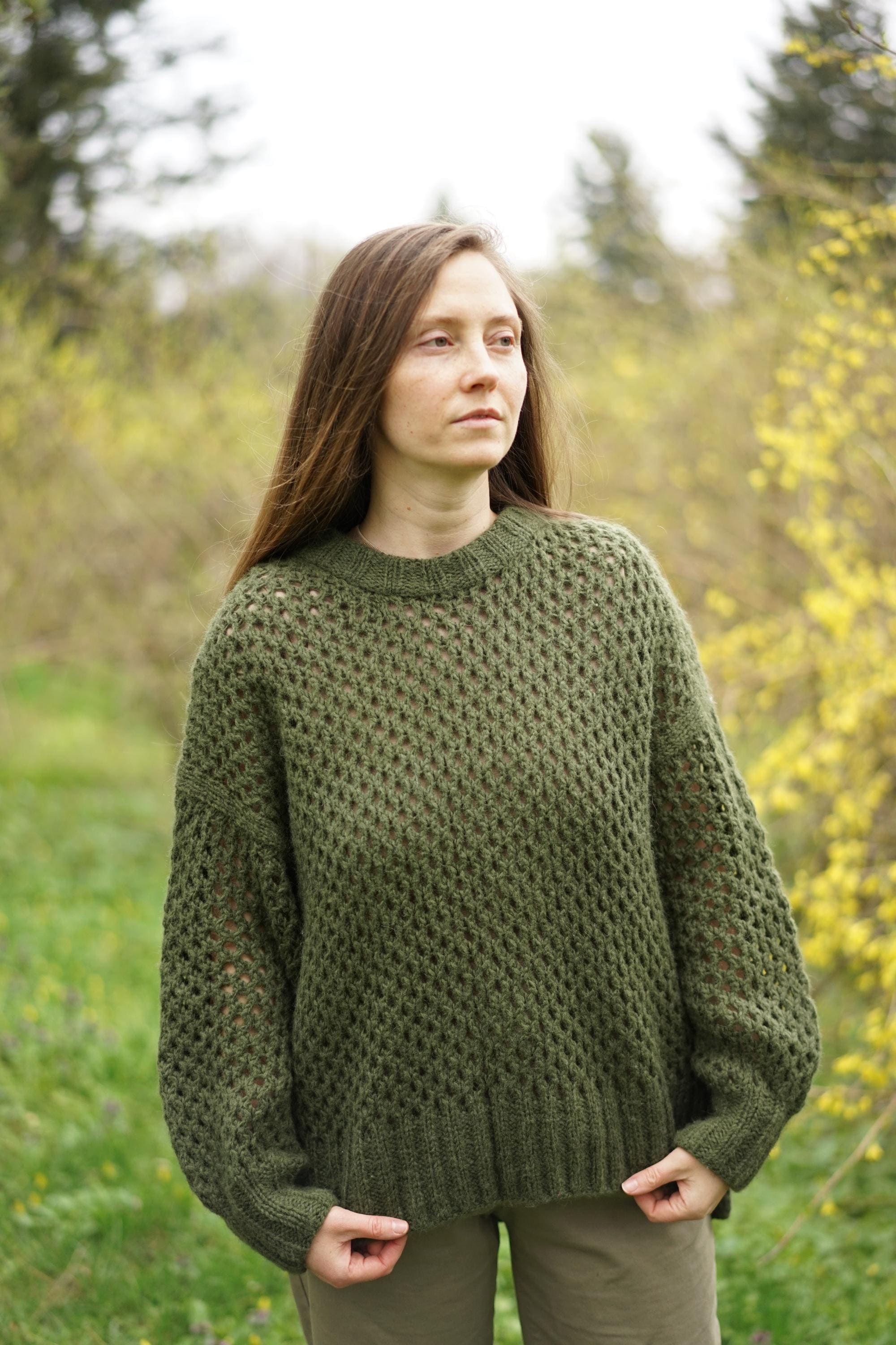 Hand Knit Alpaca Blend Sweater: Olive Green Slouchy Pullover