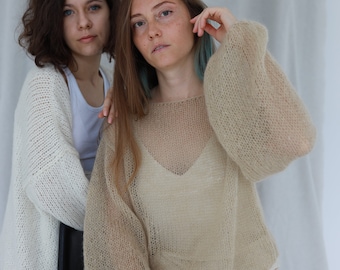Suéter de punto de mohair, suéter de punto suelto, mangas abullonadas, tejido de punto superligero, jersey de punto de mohair esponjoso, ropa académica