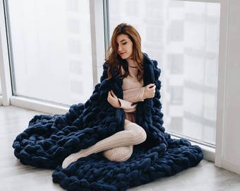 Chunky knit blanket, Chunky knit throw, Merino wool blanket, Giant knit blanket, Weighted blanket,throw blanket,baby boy blanket,dog blanket