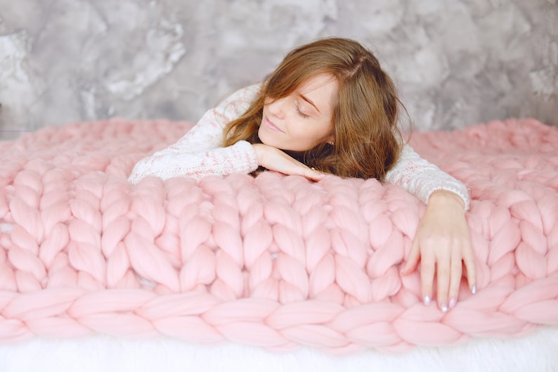 Chunky knit blanket, merino wool blanket, hand knit blanket, weighted blanket, knit throw blanket, teenage girl gifts, unusual gifts, image 1