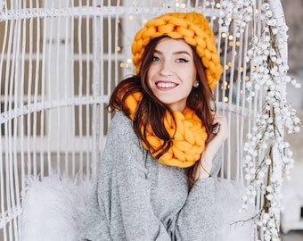 Ensemble chapeau et écharpe d’hiver, chapeau en tricot chunky, écharpe tricotée, mitaines tricotées, chapeau pour femmes, chapeau et écharpe chauds, chapeau bonnet ample