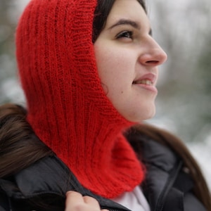 Wool balaclava hat, hand knitted hood, red ribbed winter hat, open face hood, unisex knitted hat, beige hood helmet, cozy statement hat