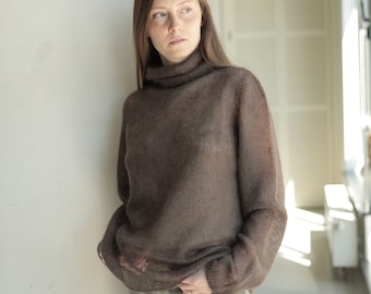 Mohair sweater, crochet sweater, turtleneck hand knit, crochet knit pullover, knitted jumper, summer sweater, cable knit sweater