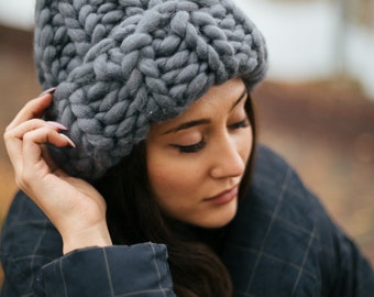 Chapeau en tricot de laine pour femmes, chapeau gris sourd, chapeau d’hiver, chapeau en tricot Сhunky Chapeau côtelé chunky, chapeau de bonnet chaud, cadeau de Noël, chapeau personnalisé, chapeau de café