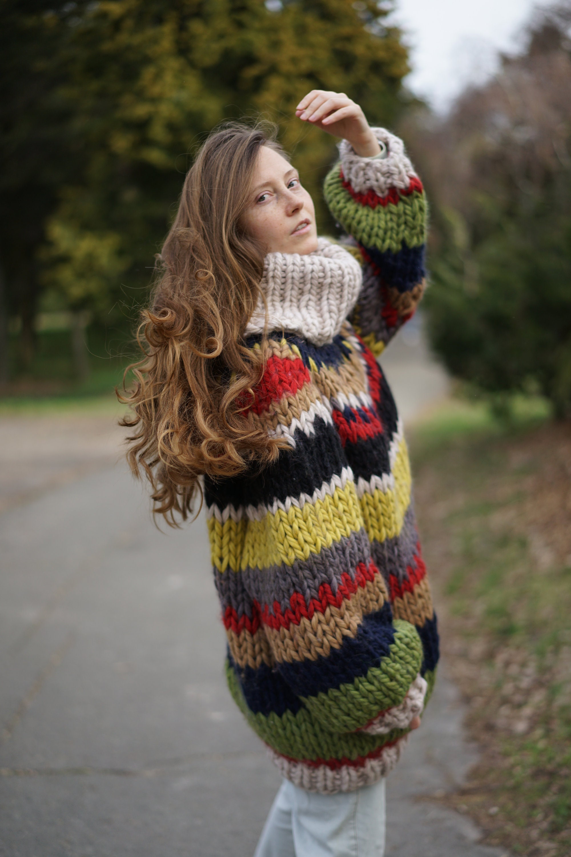 Knitted Sweater, Wool Turtleneck, Colorful Sweater, Cable