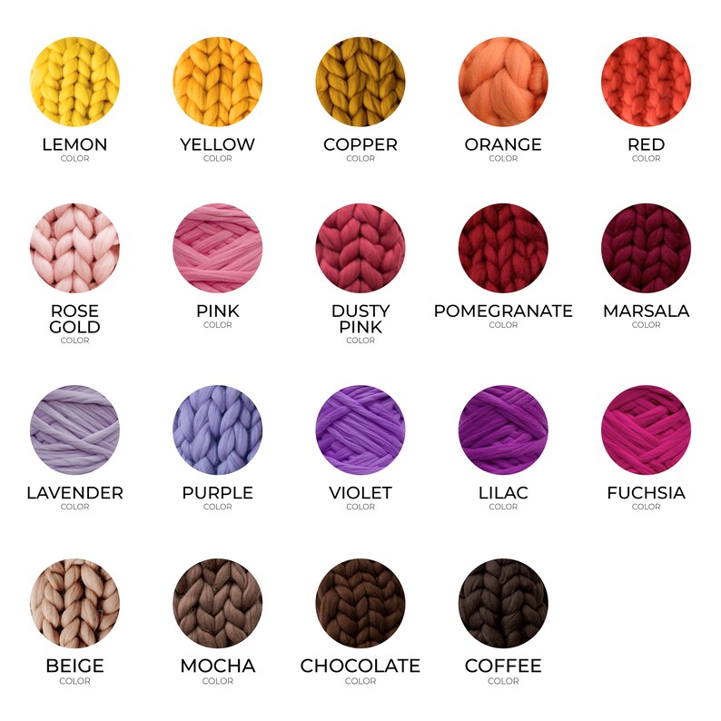 May include: A color chart of yarn samples in various shades, including lemon, yellow, copper, orange, red, rose gold, pink, dusty pink, pomegranate, marsala, lavender, purple, violet, lilac, fuchsia, beige, mocha, chocolate, and coffee.