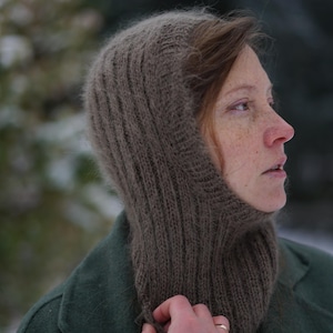 Hand knitted hood balaclava, wool balaclava hood, brown ribbed winter hat, open face hood, unisex knitted hat, beige hood helmet, cozy hat