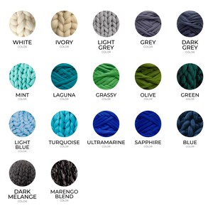 May include: A chart of yarn colors with names like White, Ivory, Light Grey, Grey, Dark Grey, Mint, Laguna, Grassy, Olive, Green, Light Blue, Turquoise, Ultramarine, Sapphire, Blue, Dark Melange, and Marengo Blend.