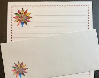 Greeting Cards Stationery Set Lined Red Starburst - Stationary Writing Paper - 12 Sheets 12 Envelopes - Snail Mail Pen Pal Letters