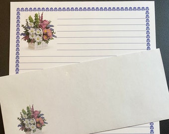 Stationery Set Lined White Basket of Flowers - Stationary Writing Paper - 12 Sheets 12 Envelopes - Snail Mail Pen Pal Letters