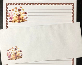 Fall Stationery Set Winnie the Pooh Bear and Piglet - Lined Stationary Paper - 12 Sheets 12 Envelopes - Pen Pal Letters