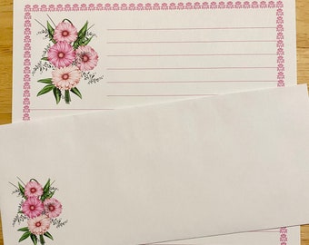 Gifts Pink Flower Bunch Lined Stationery 12 Sheets 12 Envelopes - Snail Mail Pen Pal Letters - Stationary Writing Paper