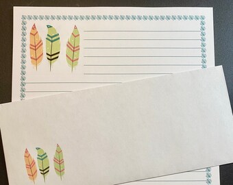 Gifts Stationery Set Lined Tribal Feathers - Stationary Writing Paper - 12 Sheets 12 Envelopes - Snail Mail Pen Pal Letters