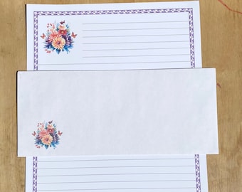 Lilac Flowers Butterfly Stationery Set Lined - Stationary Writing Paper - 12 Sheets 12 Envelopes - Pen Pal Letters