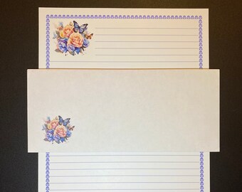 Periwinkle Flowers Butterfly Stationery Set Lined - Stationary Writing Paper - 12 Sheets 12 Envelopes - Pen Pal Letters