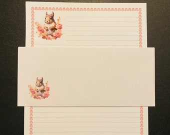 Squirrel In Roses Stationery Set Lined - Stationary Writing Paper - 12 Sheets 12 Envelopes - Pen Pal Letters