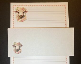 Farm Sheep Flowers - Stationery Set 12 Sheets 12 Envelopes - Snail Mail -  Pen Pal Letters - Lined Stationary Writing Paper