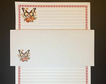 Burgundy Flowers Butterfly Stationery Set Lined - Stationary Writing Paper - 12 Sheets 12 Envelopes - Pen Pal Letters