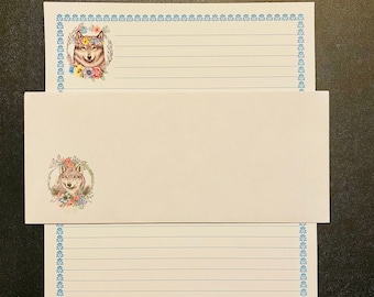 Wolf Stationery Blue Trim Set Lined - Stationary Writing Paper - 12 Sheets 12 Envelopes - Pen Pal Letters