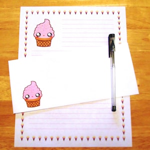 Kawaii Ice Cream Cone - Lined Stationery 12 Sheets 12 Envelopes - Snail Mail Pen Pal Letters - Stationary Writing Paper