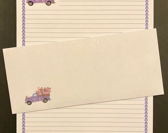 Greeting Cards - Spring Flower Truck Lined Stationery 12 Sheets 12 Envelopes - Snail Mail Pen Pal Letters - Stationary Writing Paper