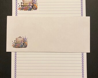 Garden Park Bench Flowers Stationery Set Lined - Stationary Writing Paper - 12 Sheets 12 Envelopes - Snail Mail Pen Pal Letters