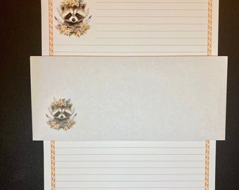 Raccoon Stationery Set Lined - Stationary Writing Paper - 12 Sheets 12 Envelopes - Pen Pal Letters