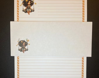 Curly Black Girl Peach - Lined Stationery Set 12 Sheets 12 Envelopes - Snail Mail - Pen Pal Letters - Stationary Writing Paper